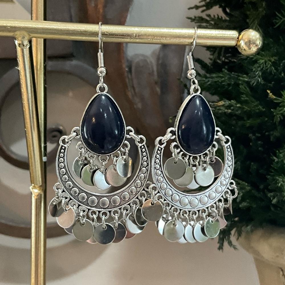 Silver and Black Dangle Earrings - Picture 3 of 6